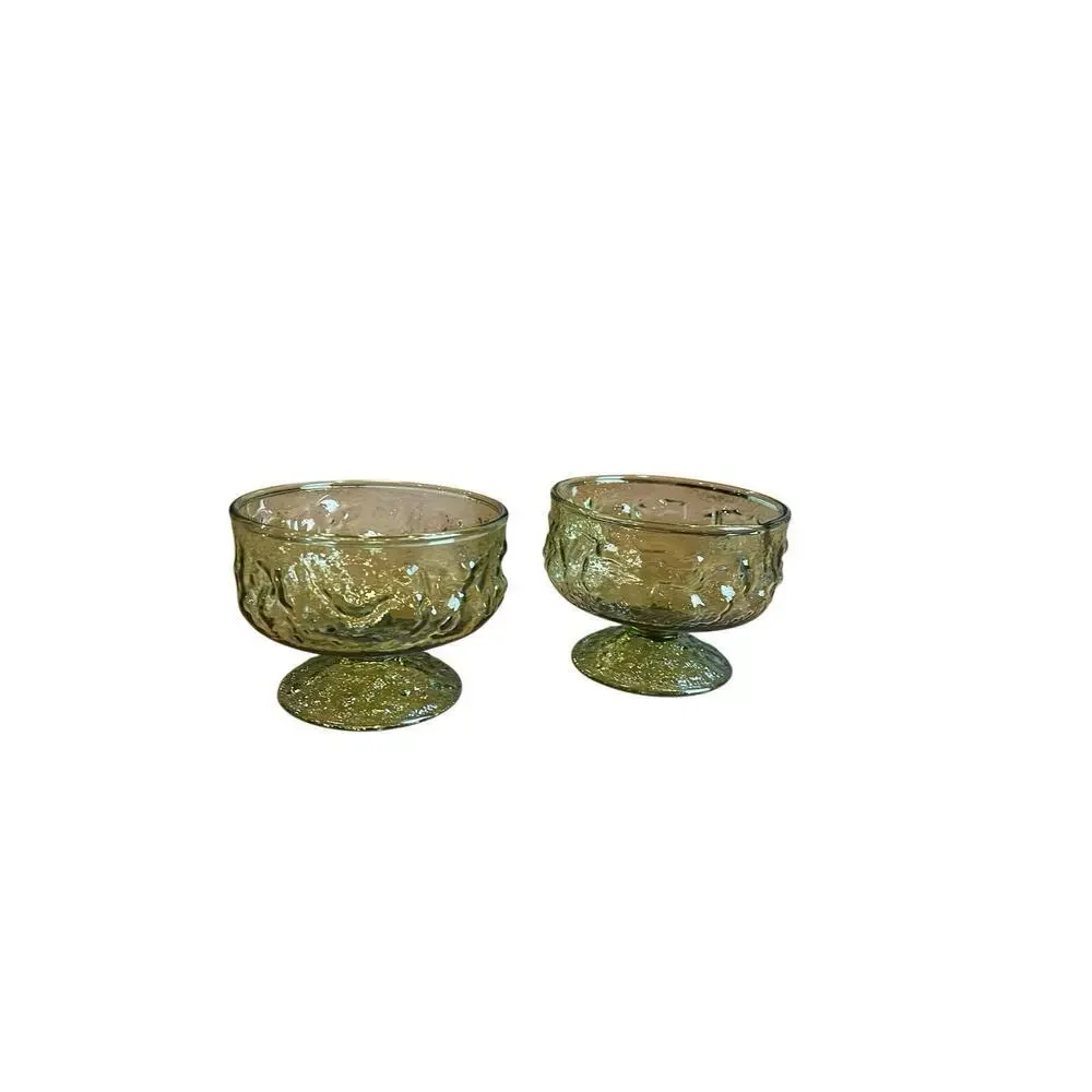 Vintage Anchor Hocking Lido Milano Green Crinkle Sherbet Glasses Set of 2
